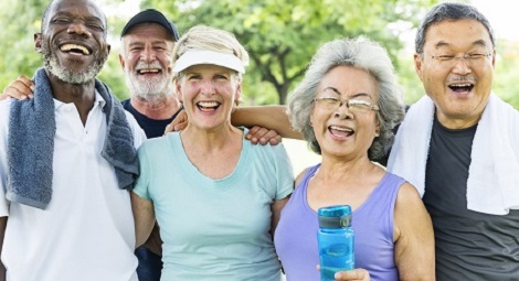 Group of older people of different genders and ethnicities after exercise